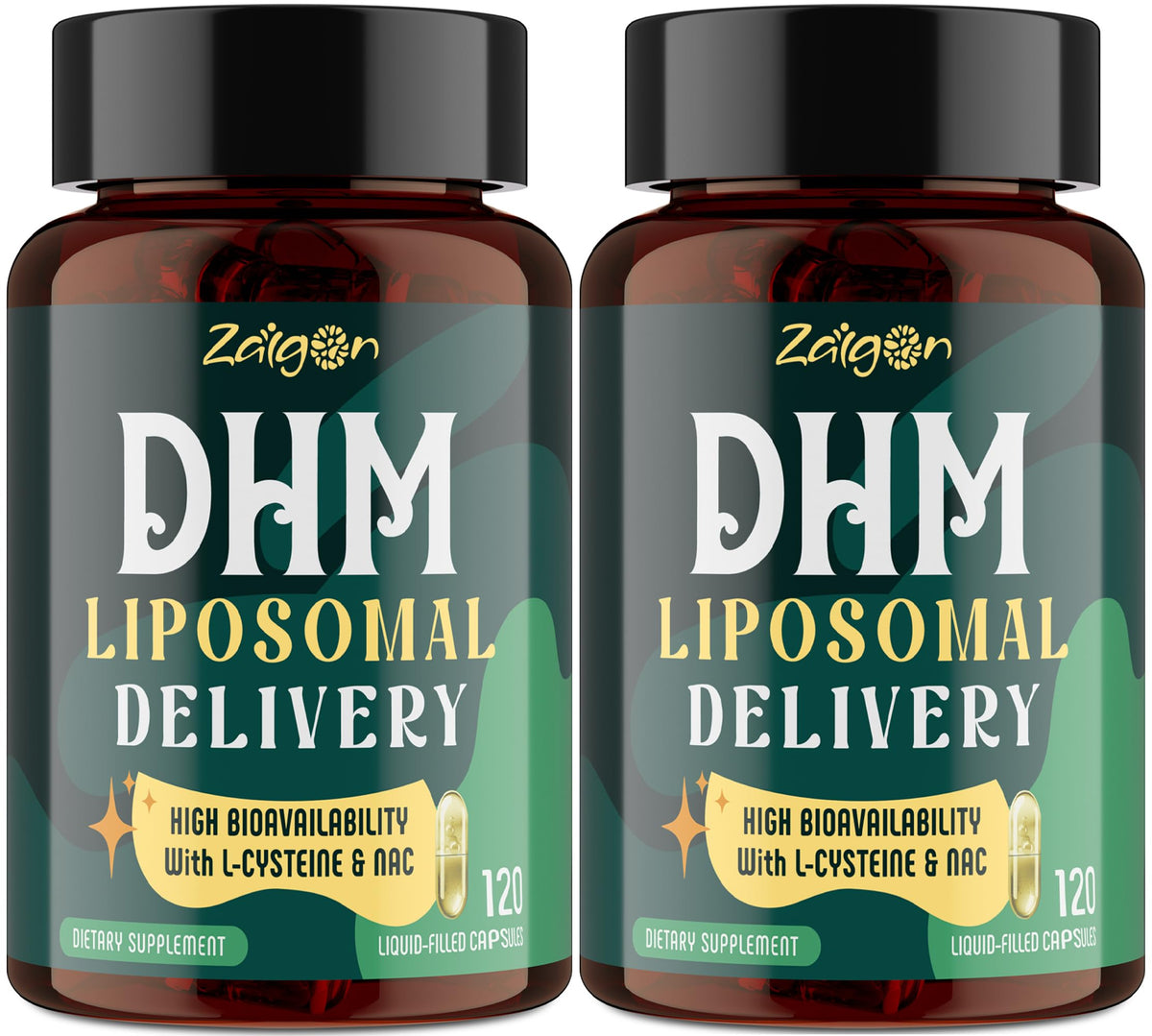 Zaigon liposomal DHM capsules in bottle emphasize enhanced absorption and everyday recovery support.