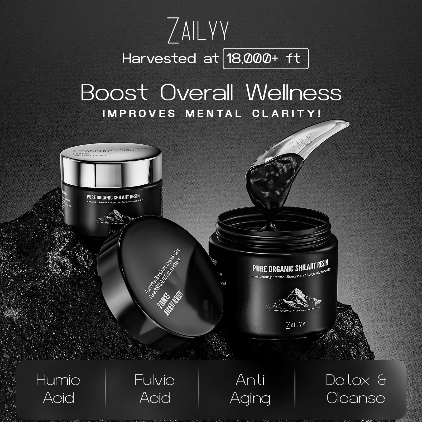 Close-up of ZAILYY Shilajit resin texture with mineral-rich appearance.
