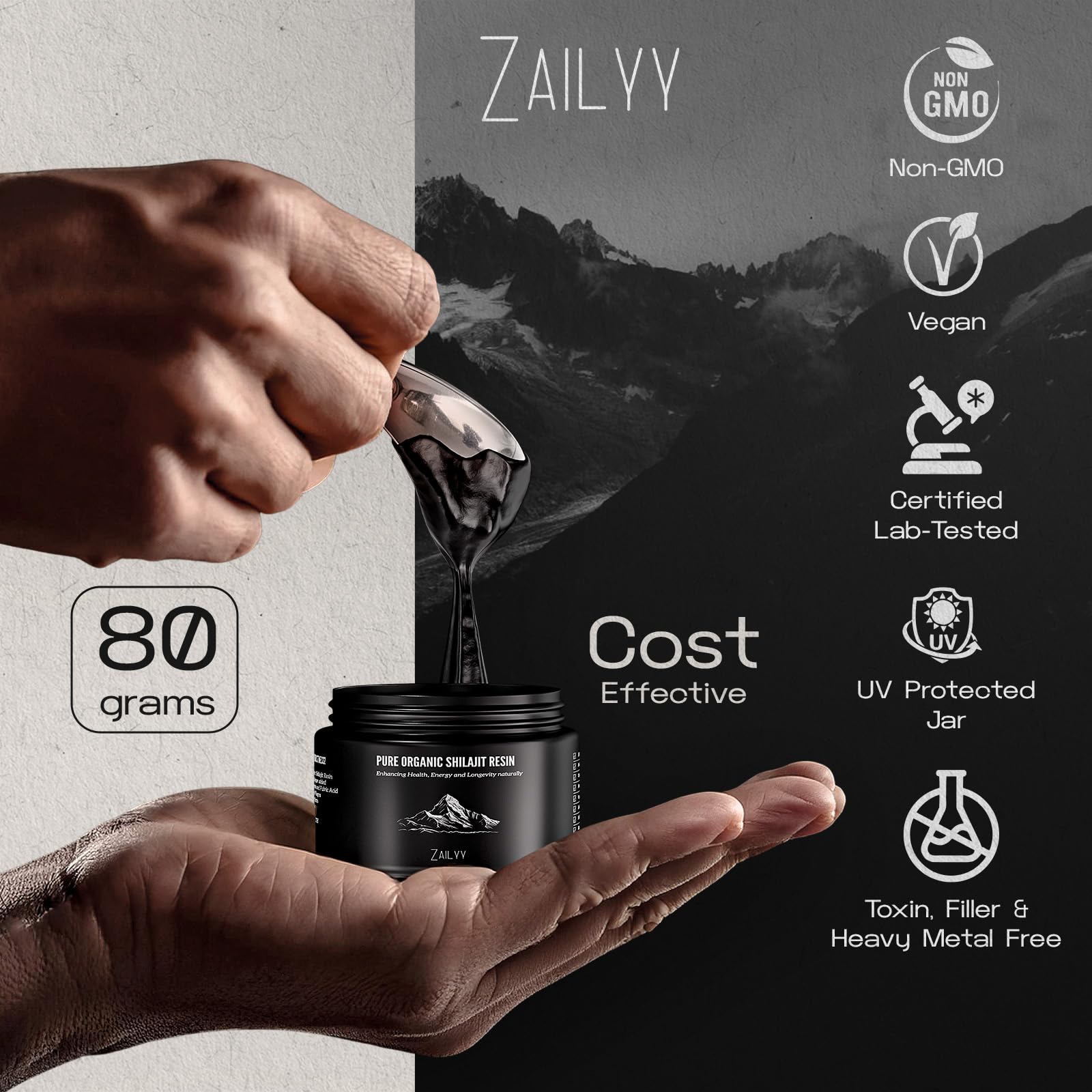 Shilajit resin dissolving in water with ZAILYY branding for easy use.