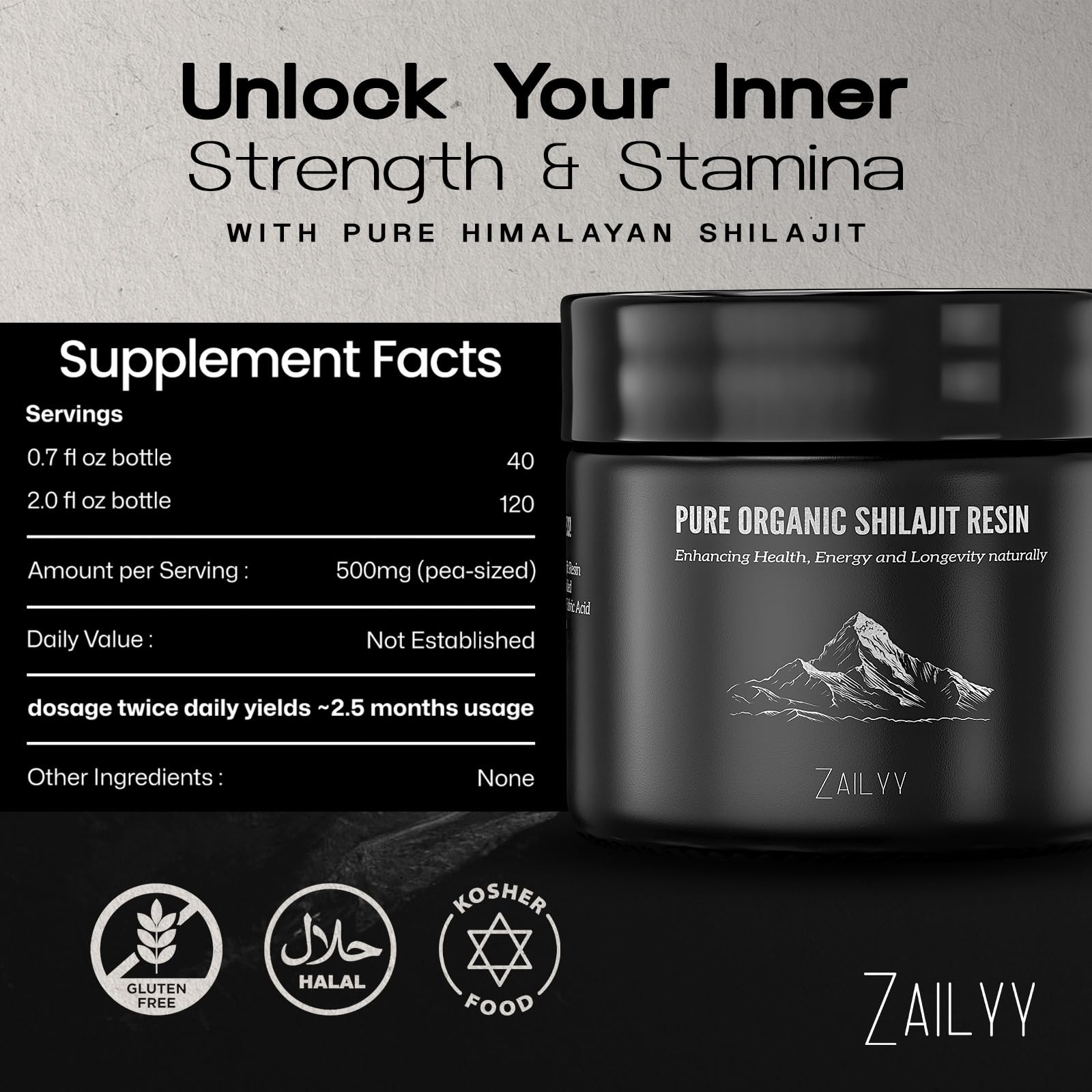 ZAILYY Shilajit resin packaging front highlighting premium quality.