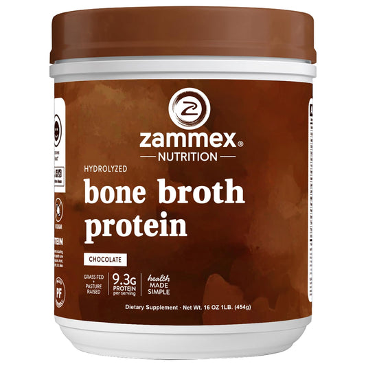 Zammex bone broth powder bottle highlighting grass-fed collagen for daily shakes.