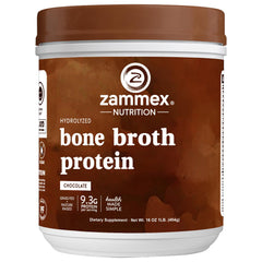 Zammex bone broth powder bottle highlighting grass-fed collagen for daily shakes.