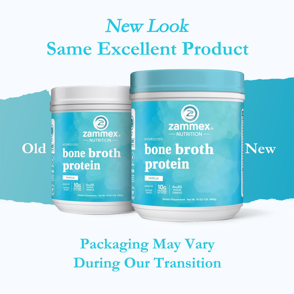 Zammex bone broth protein powder vanilla tub shows clean non GMO ingredients.