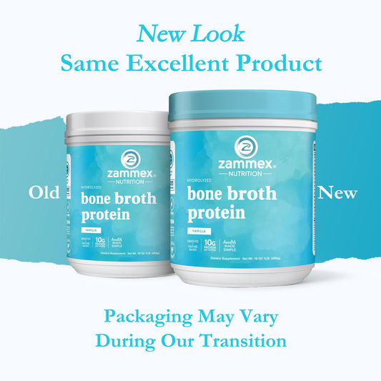 Zammex bone broth protein powder vanilla tub shows clean non GMO ingredients.