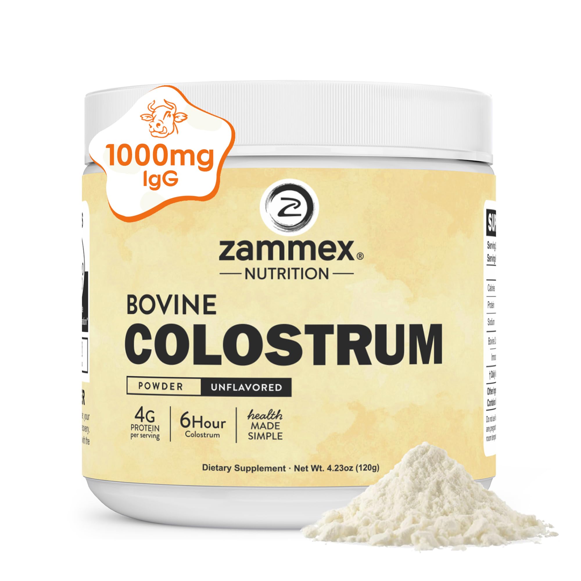 Zammex Bovine Colostrum Powder bottle showing grass-fed purity for daily immune and gut support.