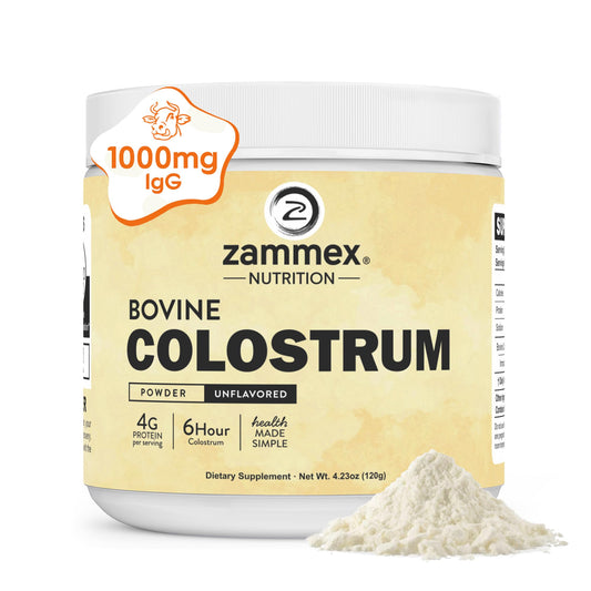Zammex Bovine Colostrum Powder bottle showing grass-fed purity for daily immune and gut support.