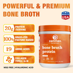 Zammex chocolate flavor bone broth powder stirred into a mug for rich taste