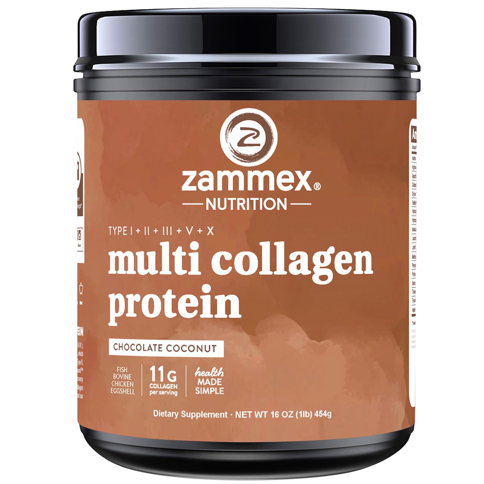 Zammex Multi Collagen Powder chocolate tub front showing packaging for skin and hair support.