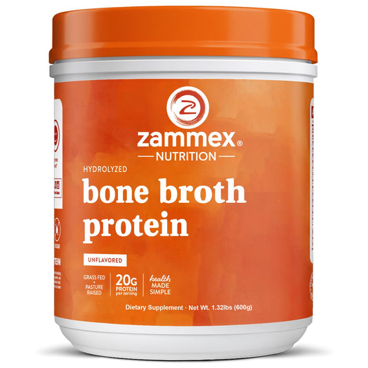 Zammex Pure Grass Fed Beef Bone Broth Protein bottle on kitchen counter for daily protein