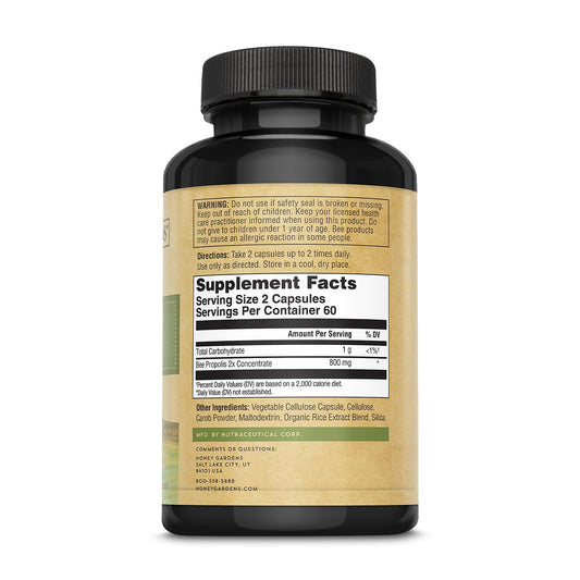ZAND Honey Gardens Bee Propolis bottle highlights 650 mg capsules for daily use.
