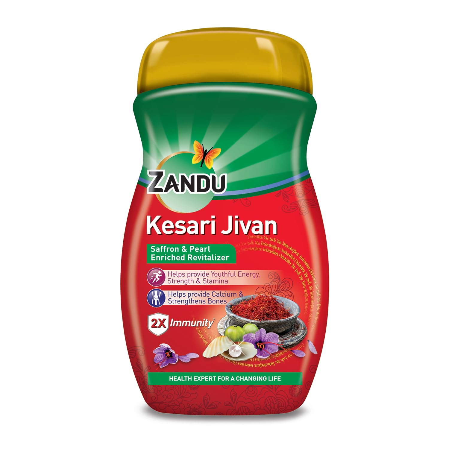 Zandu Kesari Jivan 900g front label with saffron highlights daily energy support