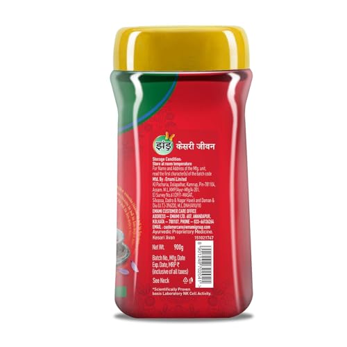 Product tub of Zandu Kesari Jivan on shelf suggests daily wellness ritual