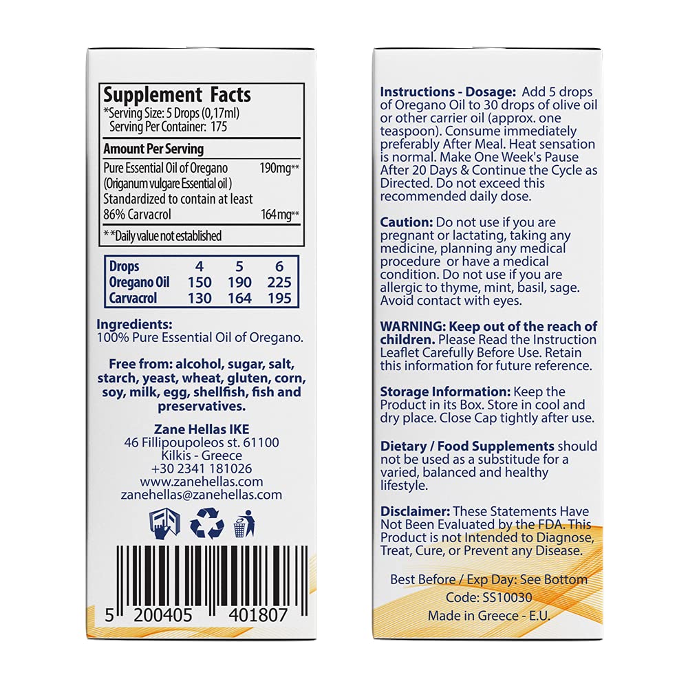 Zane Hellas oregano oil label closeup emphasizes authentic Greek origin.