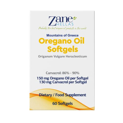 Zane Hellas Oregano Softgel bottle close-up shows 150 mg oregano oil per softgel.
