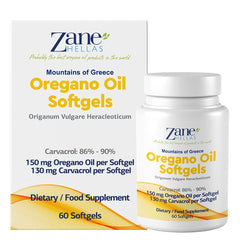 Zane Hellas Oregano Softgel packaging highlights 30% oregano oil for daily use.