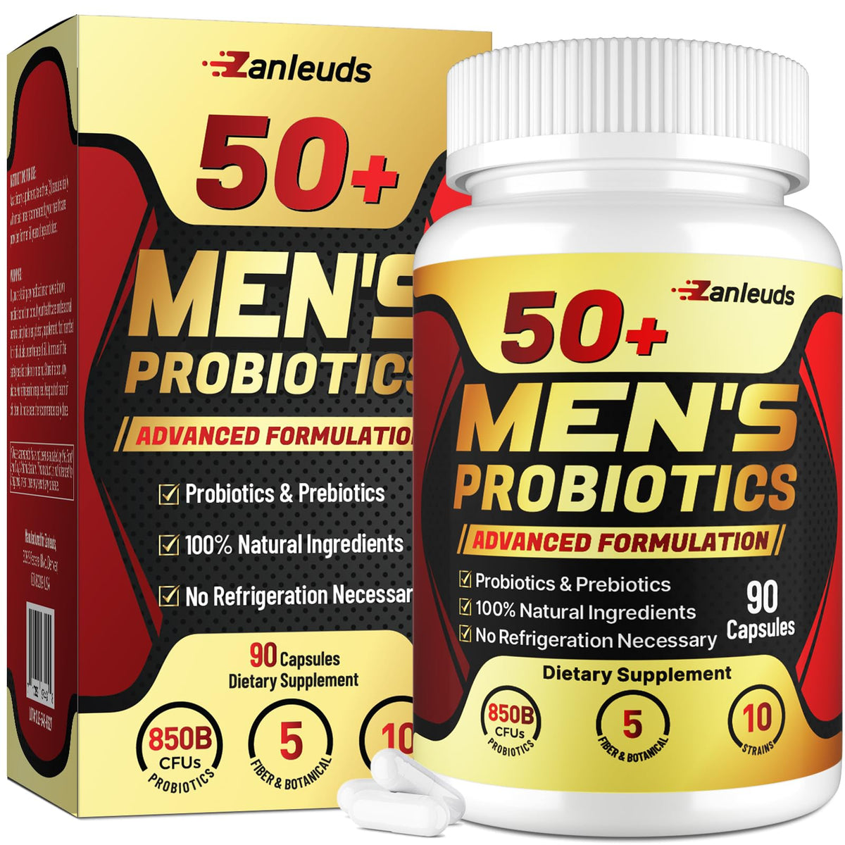 Zanleuds Probiotics for Men 50+ bottle front supports daily digestive balance.