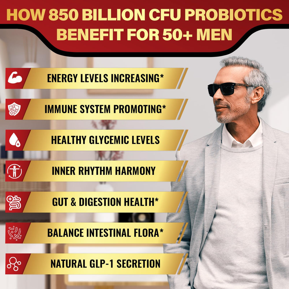 Zanleuds Probiotics for Men 50+ capsules, easy-to-swallow vegetarian formula for digestive comfort.