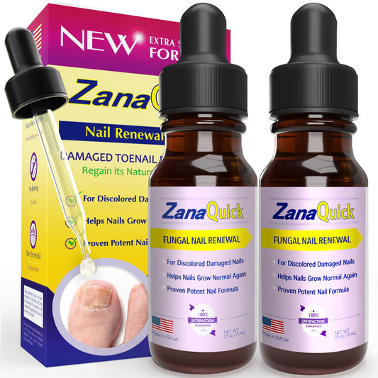 ZanaQuick Nail Repair Drops bottle close-up, clear formula supporting healthier nails
