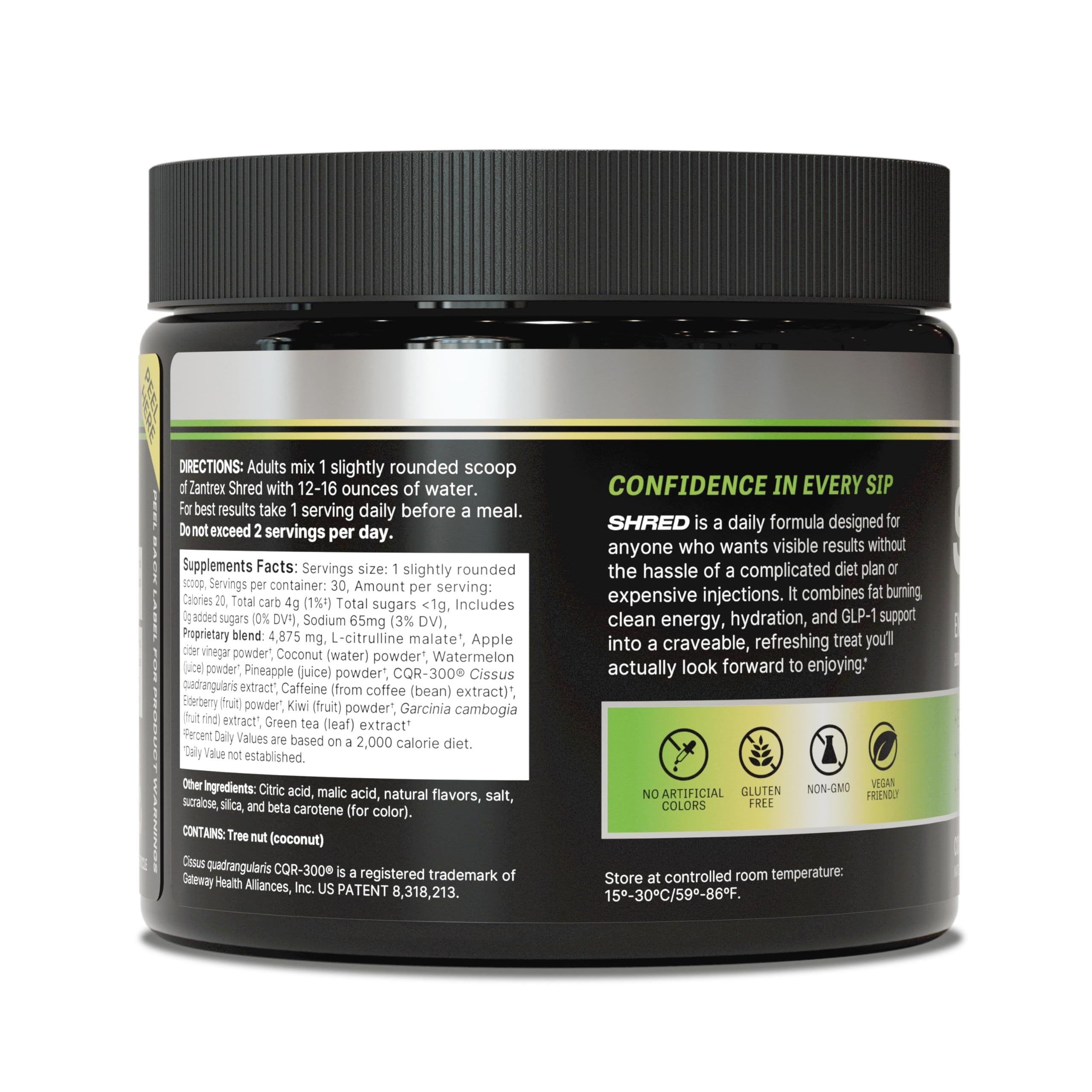 Zantrex Shred label visible on bottle featuring Colada Kick flavor for daily use.