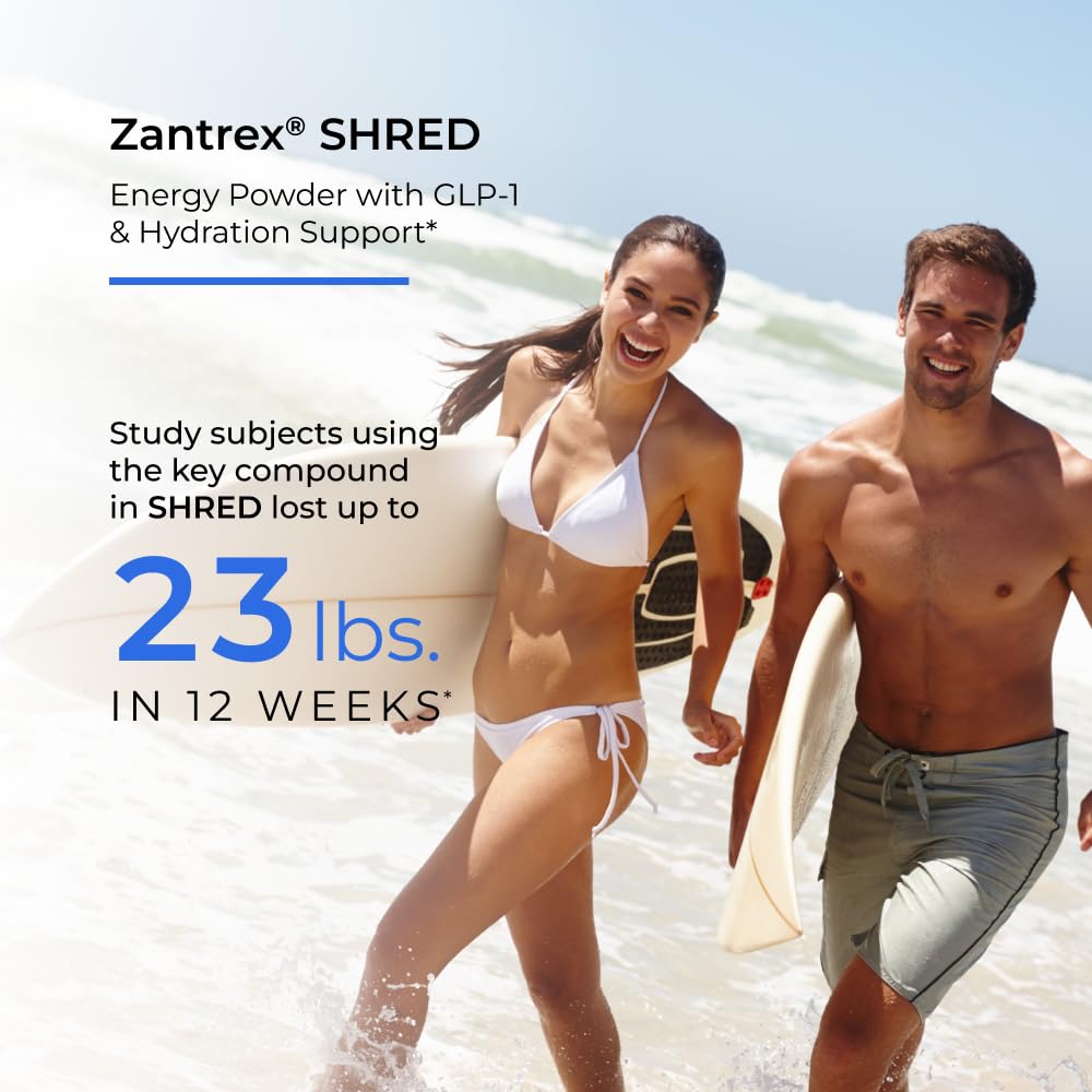 Zantrex Shred pour from scoop into glass illustrating appetite support and flavor.
