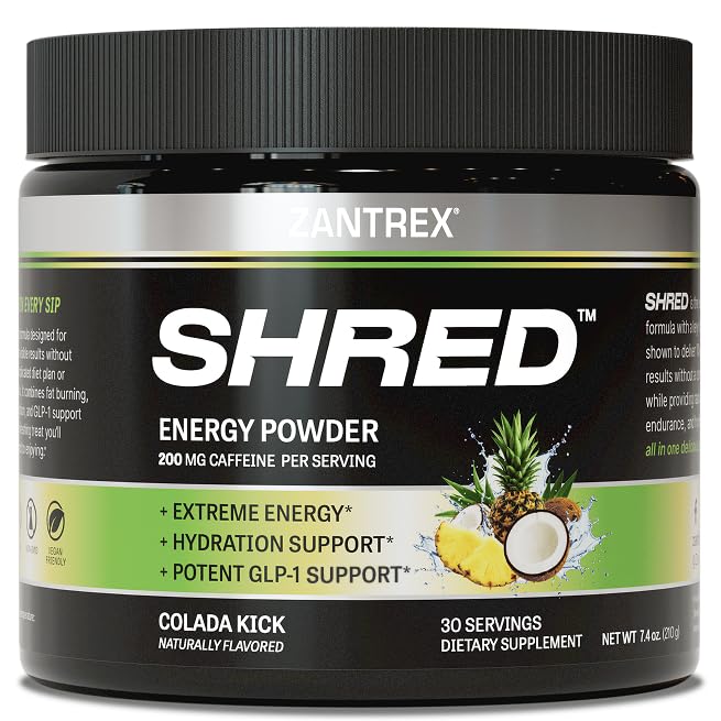 Zantrex Shred tub Colada Kick close-up showing energizing powder for clean energy.