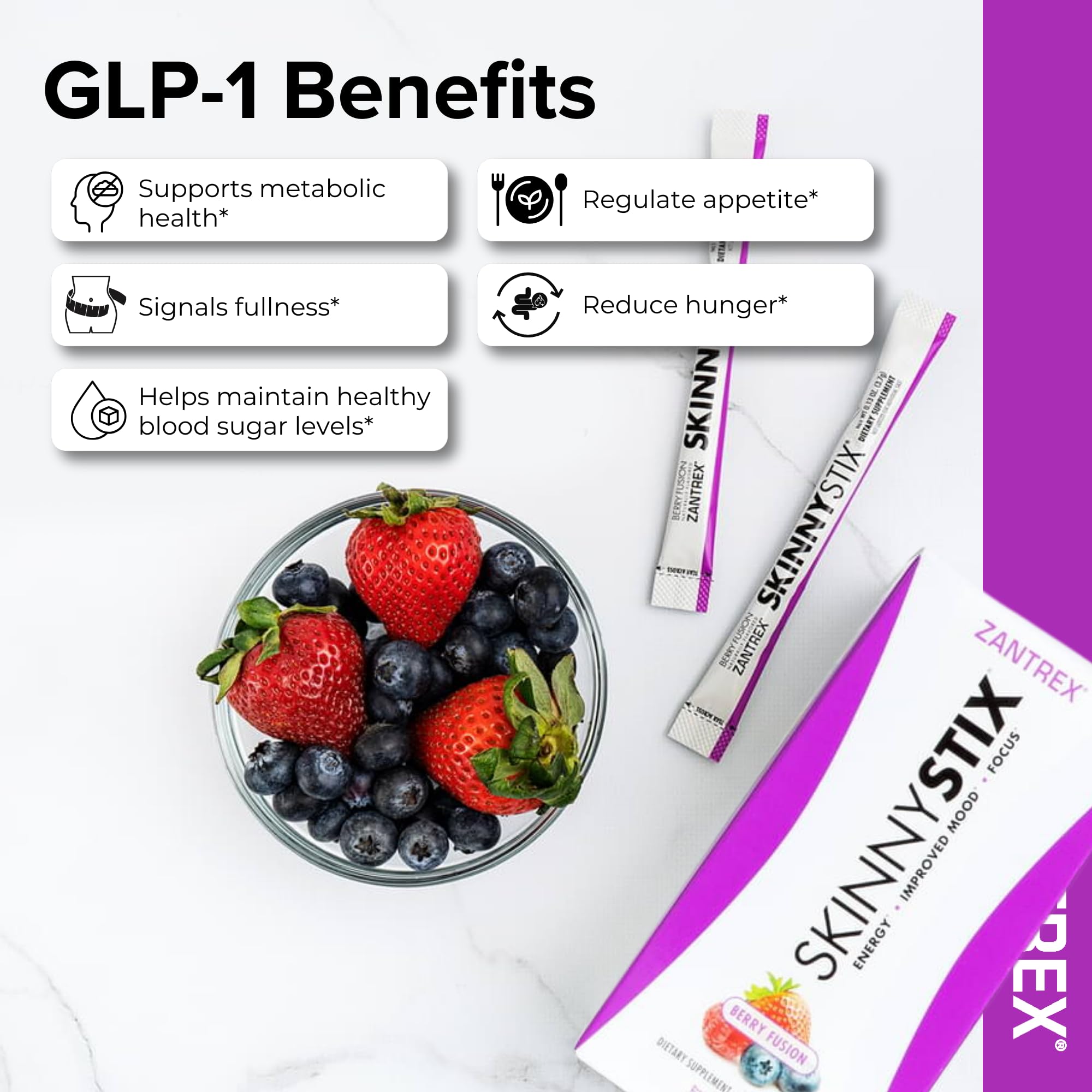 Zantrex SkinnyStix gluten-free label; supports dairy-free, easy, calorie-conscious fueling.