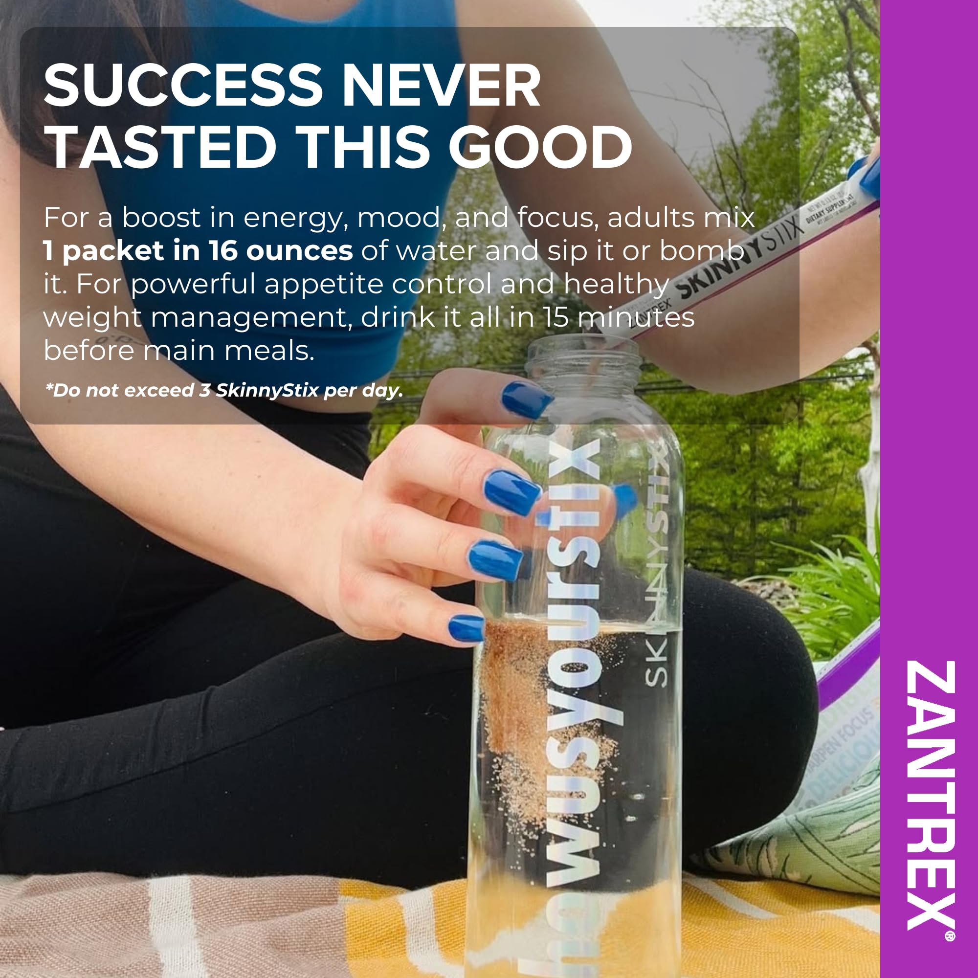Zantrex SkinnyStix packaging close-up; clean, gluten-free, dairy-free formulation.