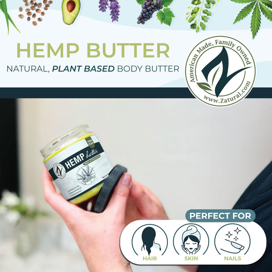 Zatural Hemp Butter ingredients panel highlights pure, natural components suitable for food-grade use.