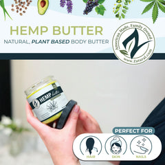 Zatural Hemp Butter ingredients panel highlights pure, natural components suitable for food-grade use.