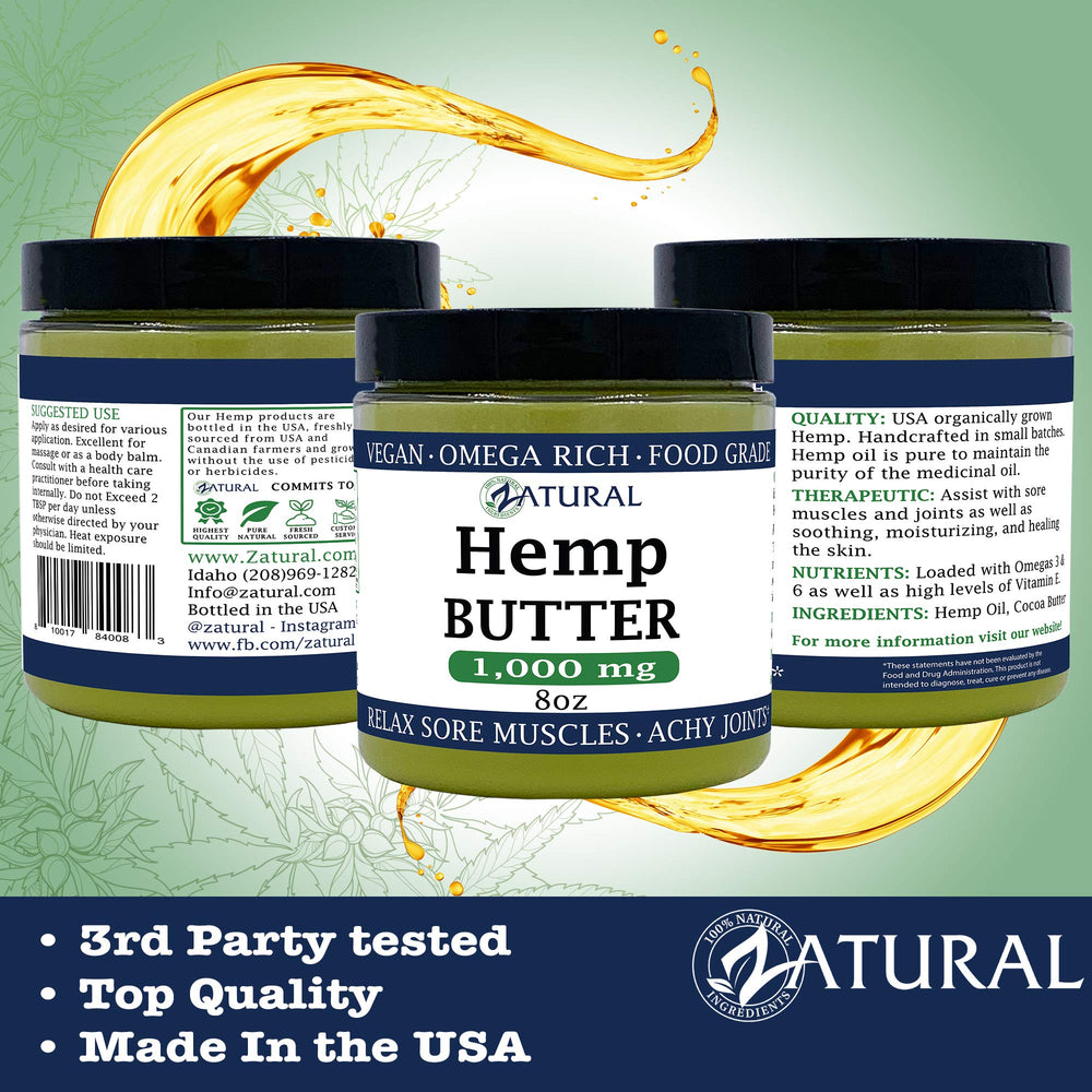 Zatural Hemp Butter ingredients scene highlights omega-rich formula.