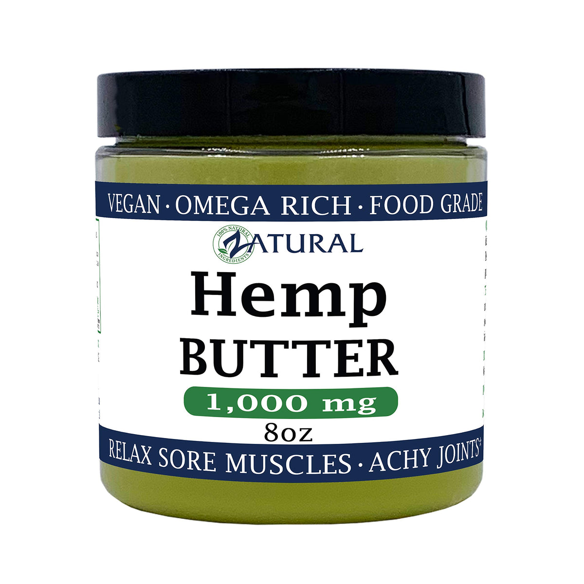 Zatural Hemp Butter jar close-up shows creamy texture for dry skin care.
