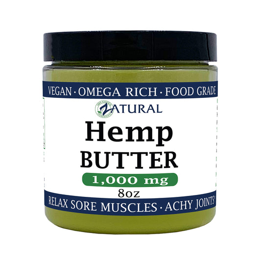 Zatural Hemp Butter jar close-up shows creamy texture for dry skin care.