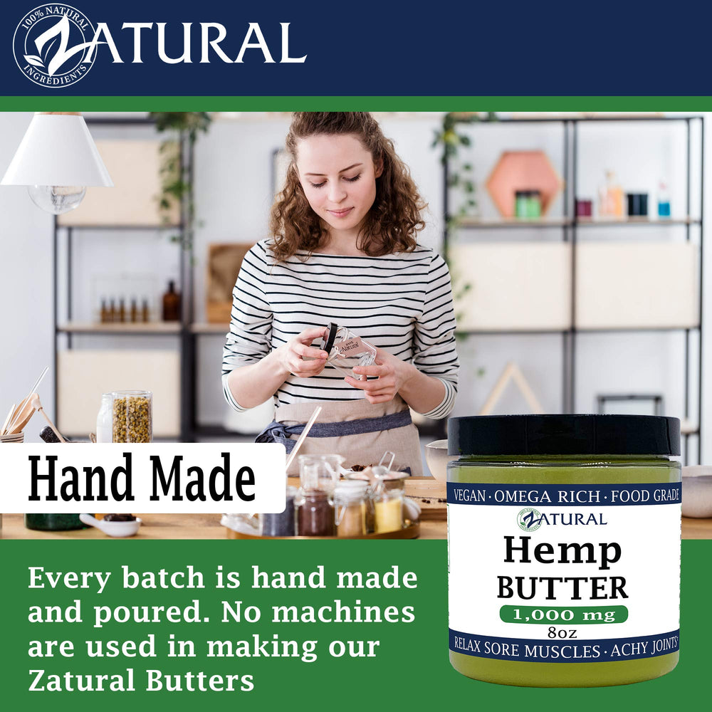 Zatural Hemp Butter spread on bread suggests a food-grade kitchen use.