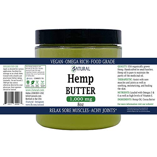 Zatural Hemp Butter label detail highlights vegan and food-grade qualities.