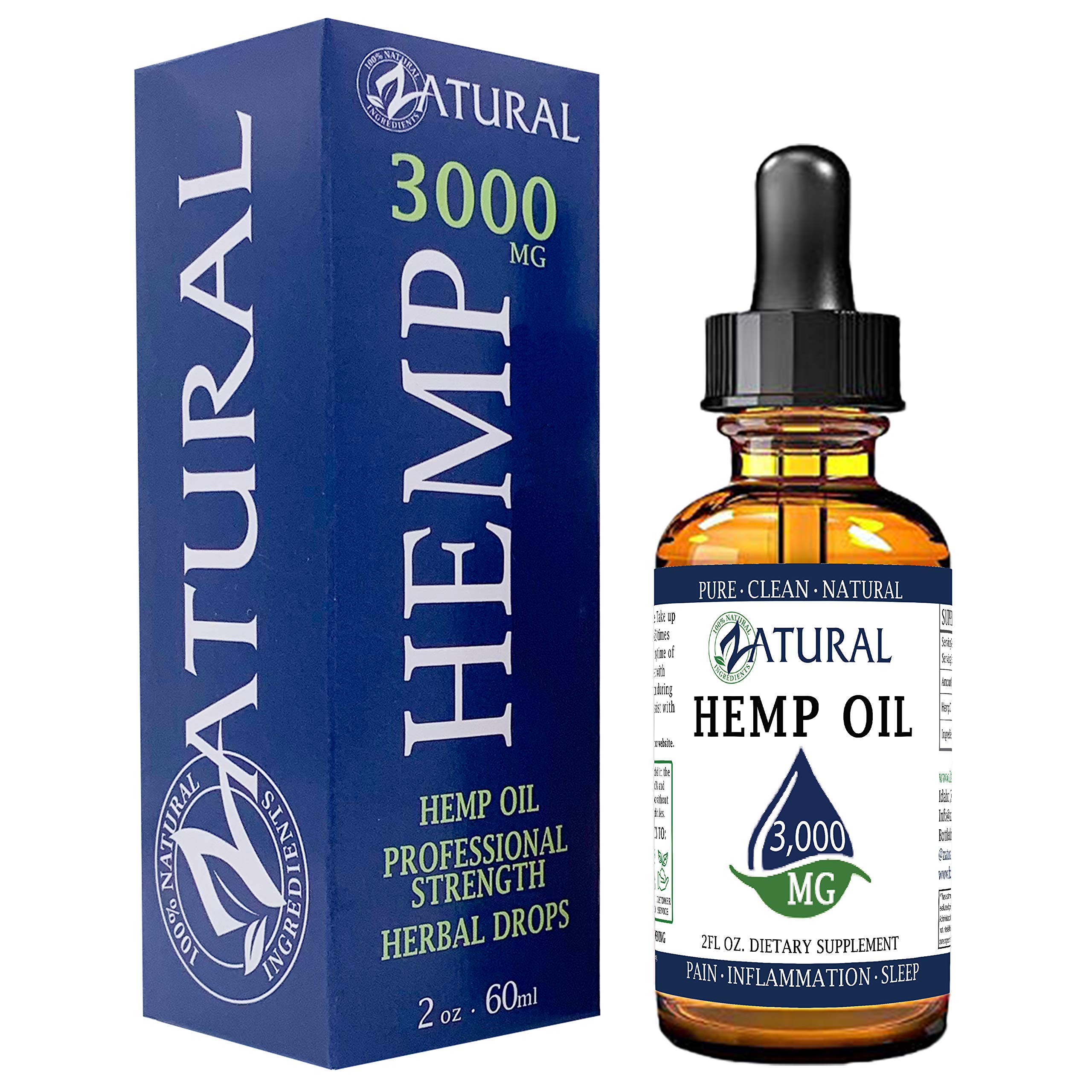 Zatural Hemp Oil Drops bottle showcases 3000mg strength for daily omega-3 and omega-6 support.