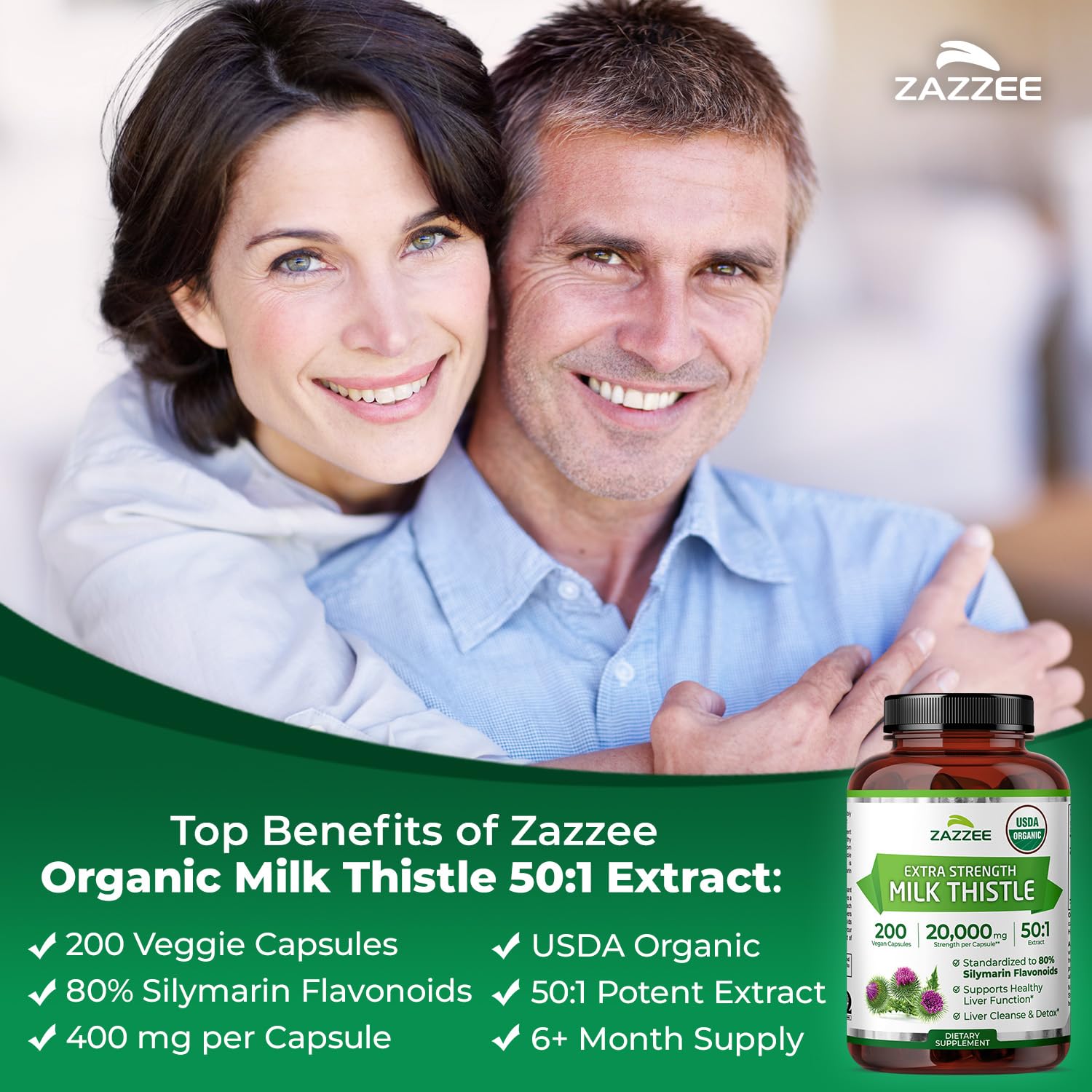 Zazzee bottle close-up shows 80% silymarin flavonoids for potency.