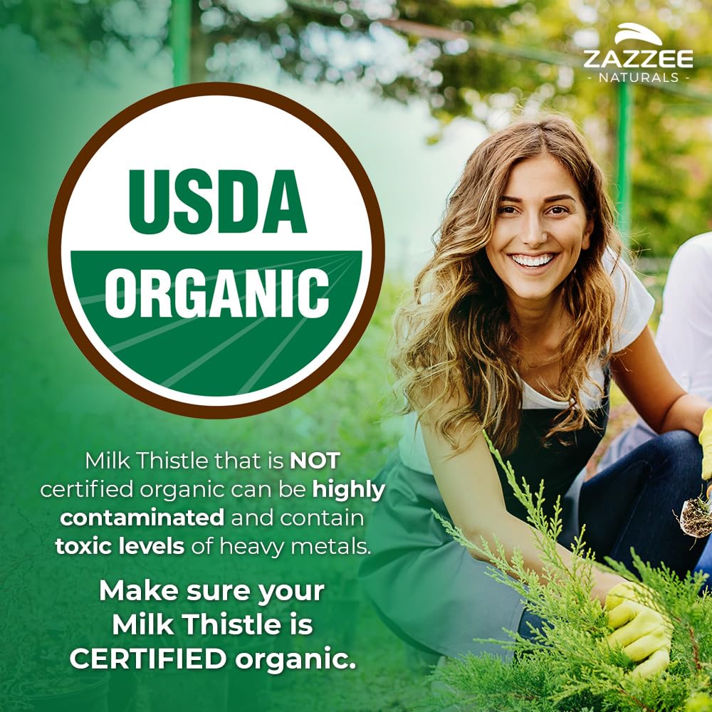 Zazzee 80% silymarin capsule highlights potent antioxidant content.
