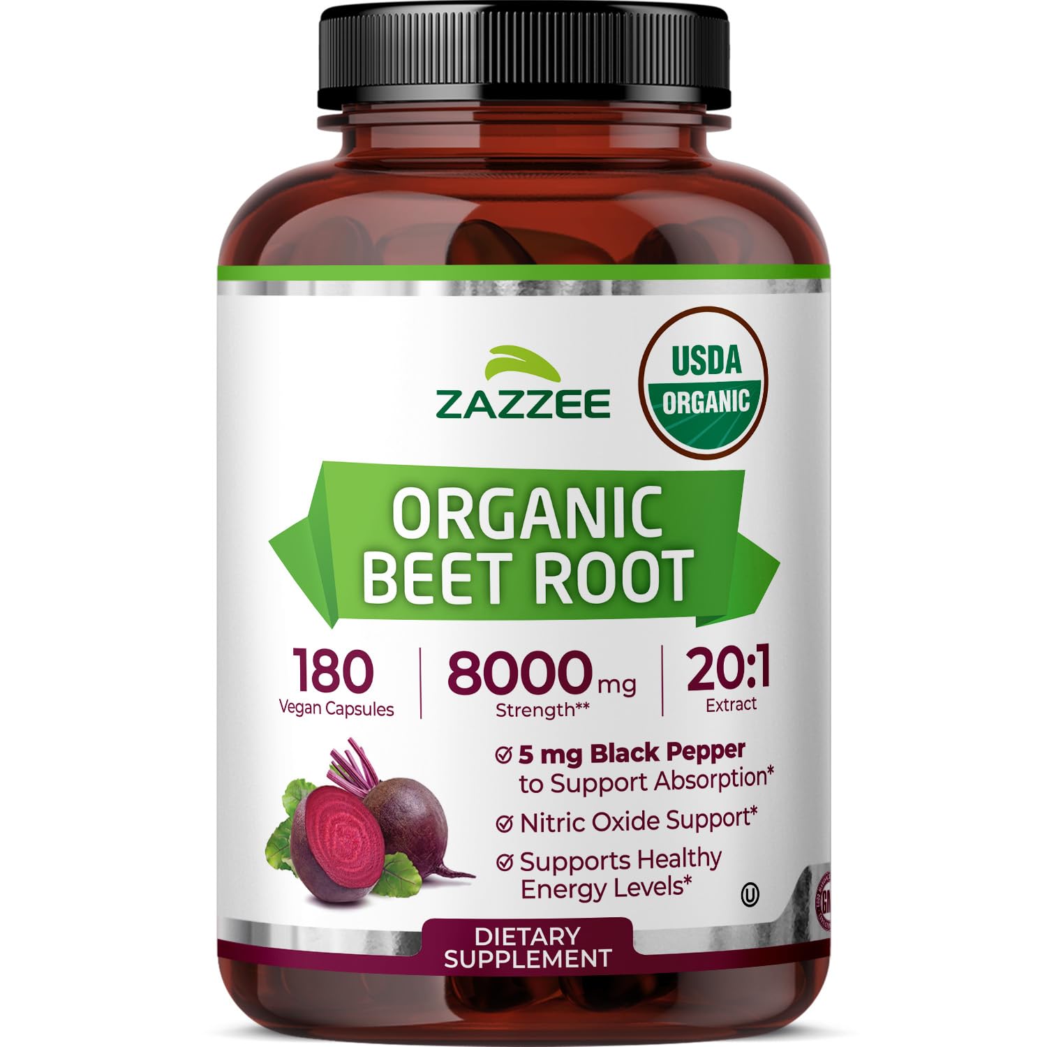 Zazzee Beet Root bottle front shows high-strength 8000 mg per capsule for wellness support