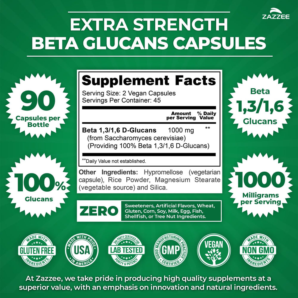 Zazzee Beta Glucans 1-3-1-6 blend capsule close-up emphasizes potent glucans.