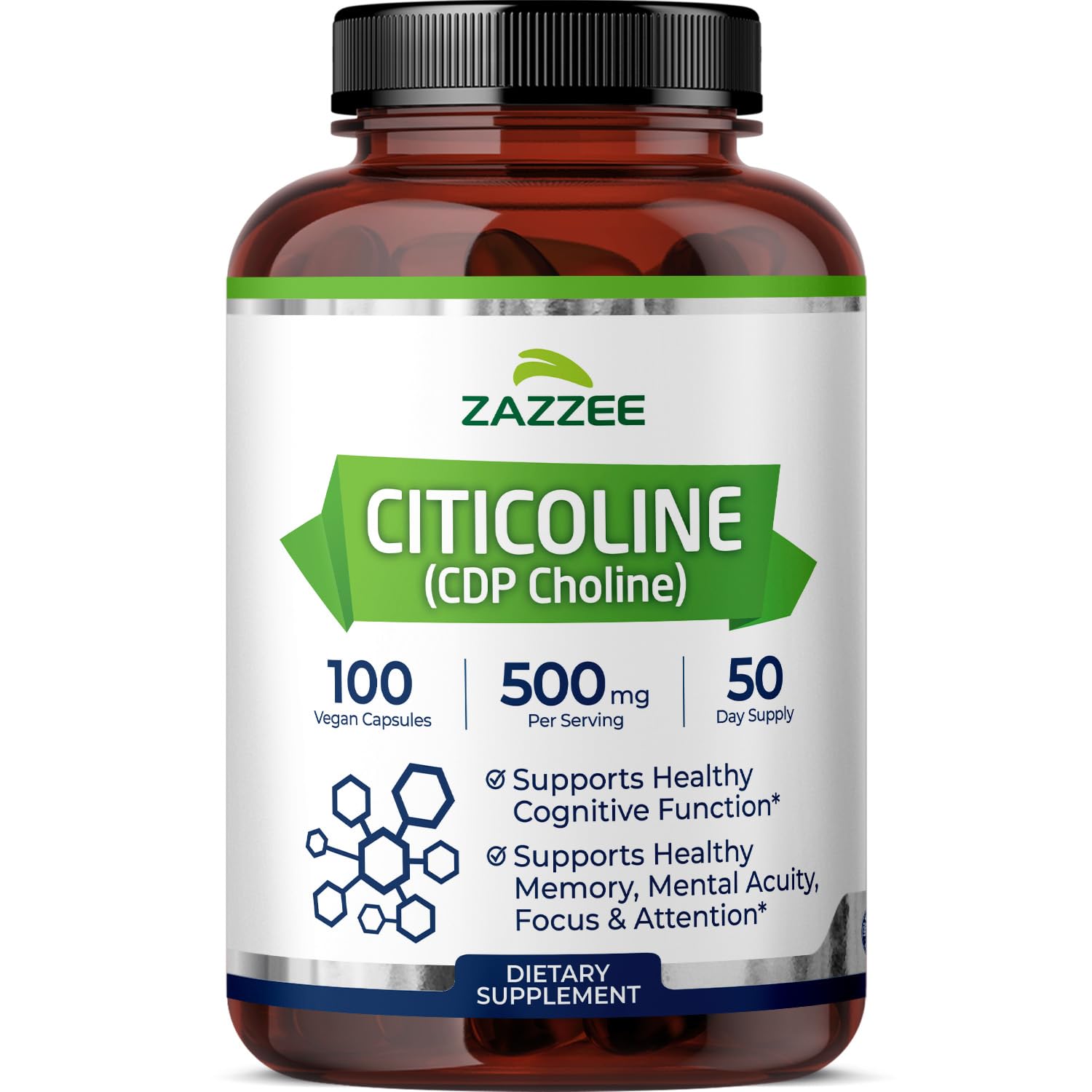 Zazzee Citicoline 500 mg bottle close up for daily focus