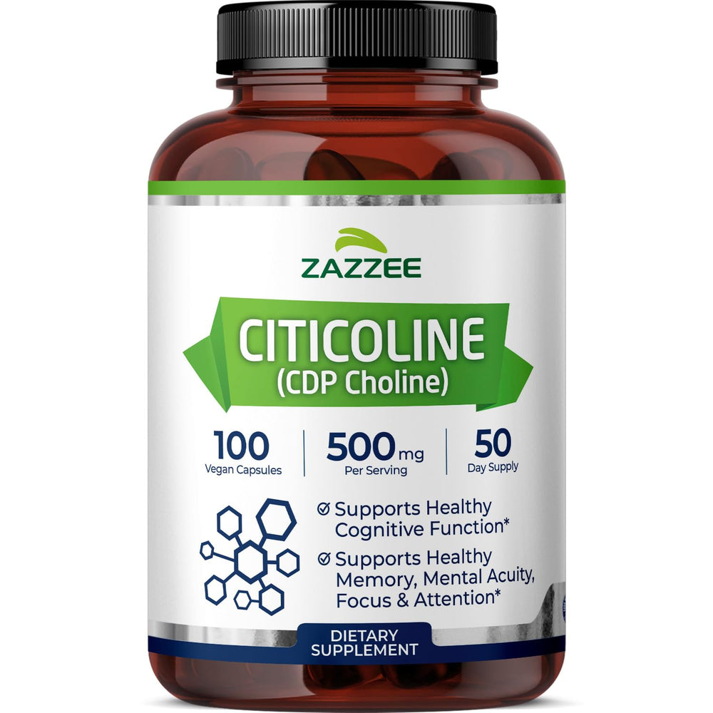 Zazzee Citicoline 500 mg bottle close up for daily focus