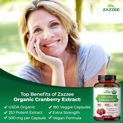 Zazzee Cranberry ingredients panel emphasizing natural non-GMO formulation