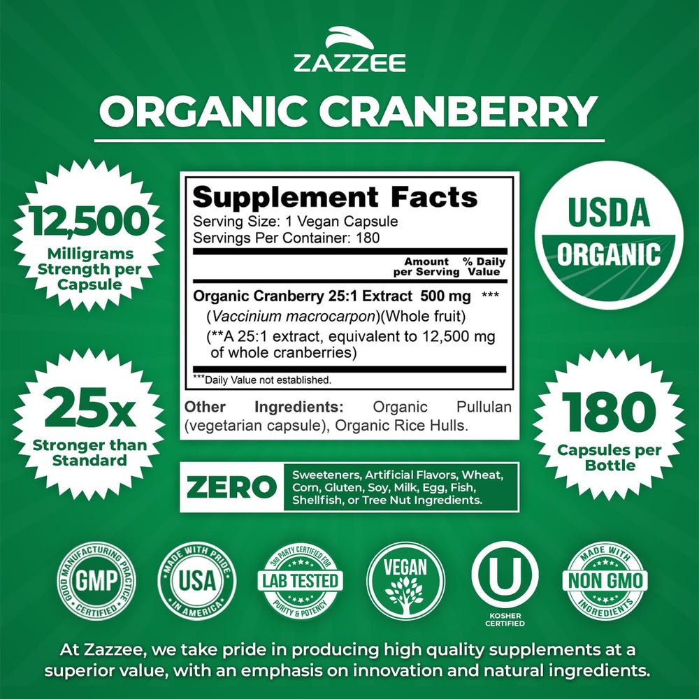 Zazzee Cranberry label close-up showing organic certification
