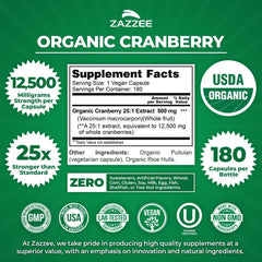Zazzee Cranberry label close-up showing organic certification