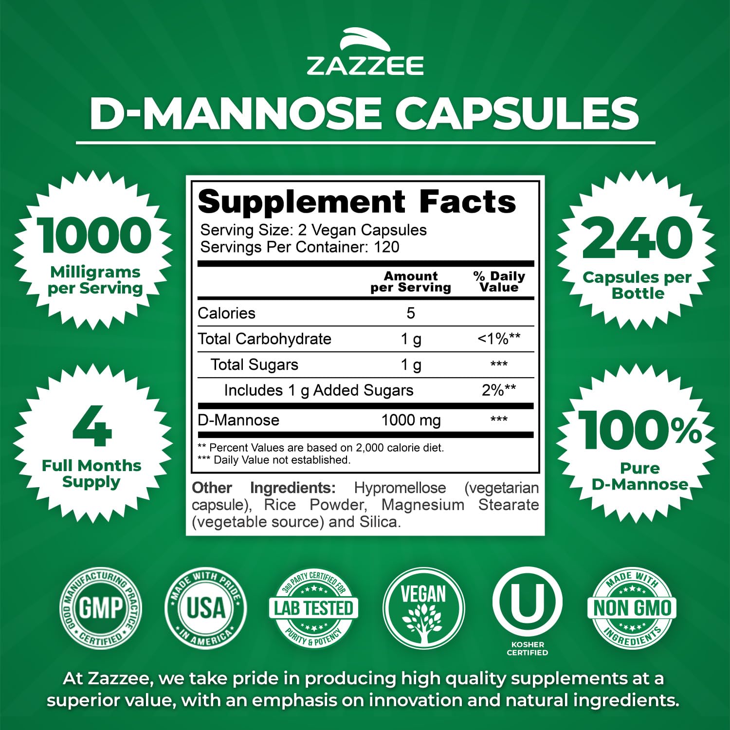 Zazzee D-Mannose capsules close-up highlighting vegan purity