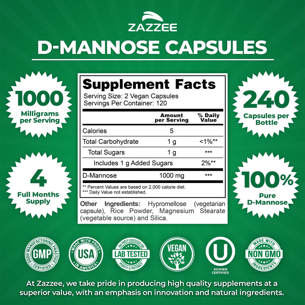 Zazzee D-Mannose capsules close-up highlighting vegan purity