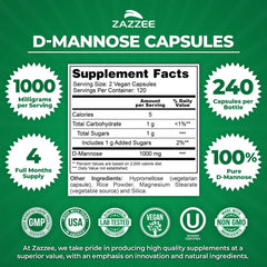 Zazzee D-Mannose capsules close-up highlighting vegan purity