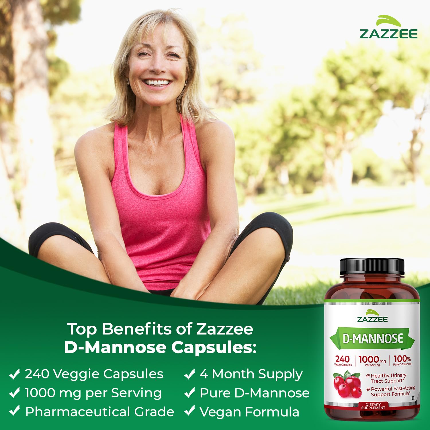 Zazzee D-Mannose label close-up showing 1000 mg per serving