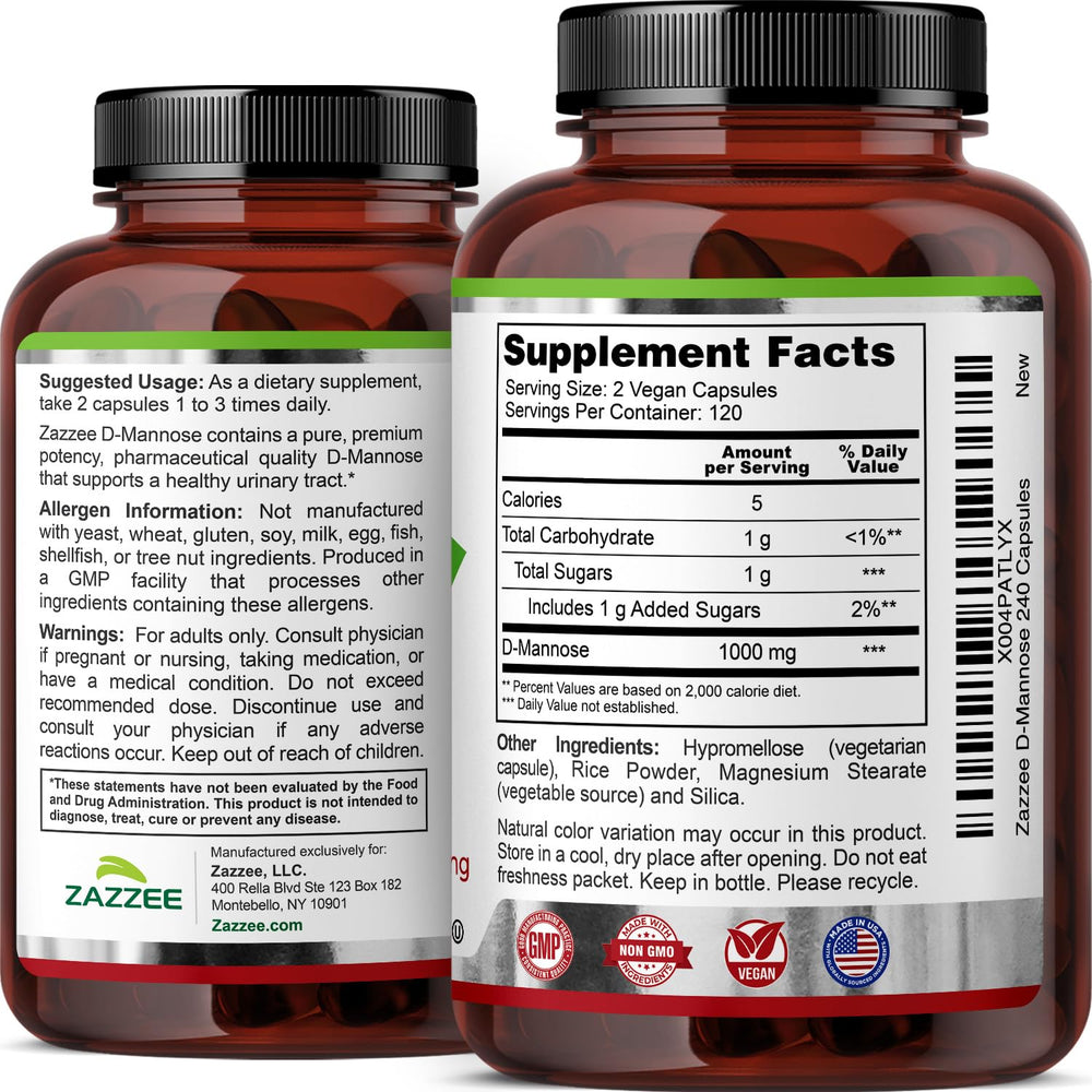 Zazzee D-Mannose non-GMO badge indicating plant-based production
