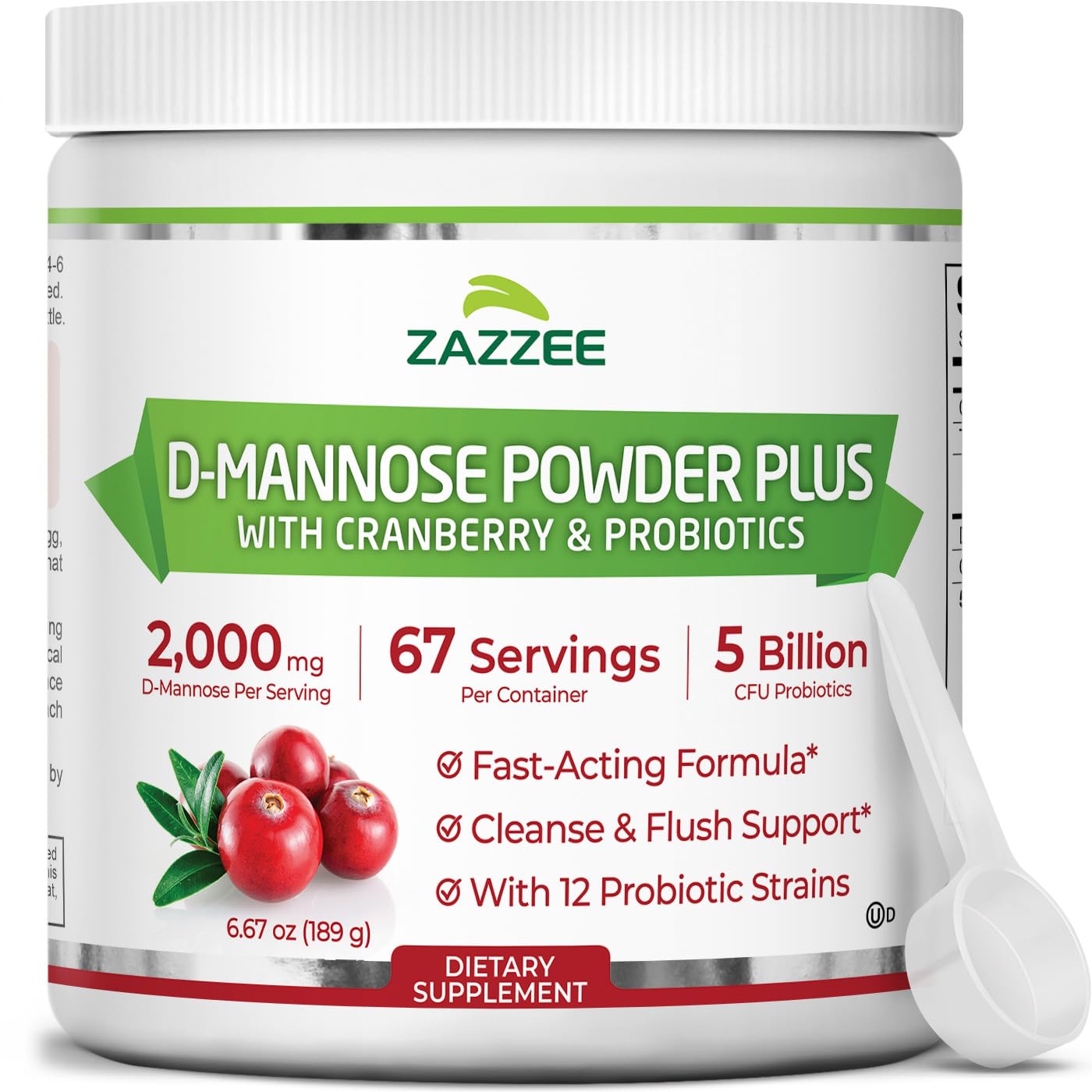 Zazzee D-Mannose Powder Plus bottle on wood surface for convenient urinary tract support.